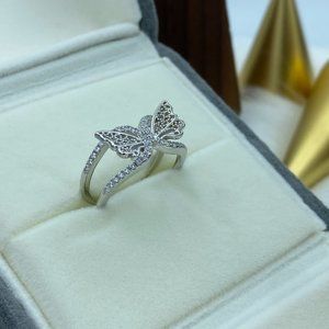 Dimond Butterfly Ring Double Band 925 Silver New!